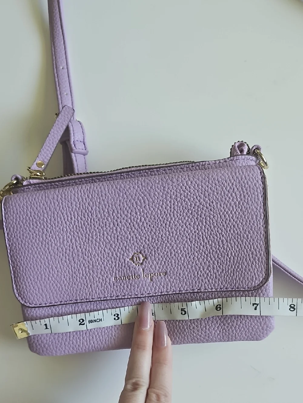 Nanette Lapore lilac leather crossbody wallet with gold hardware